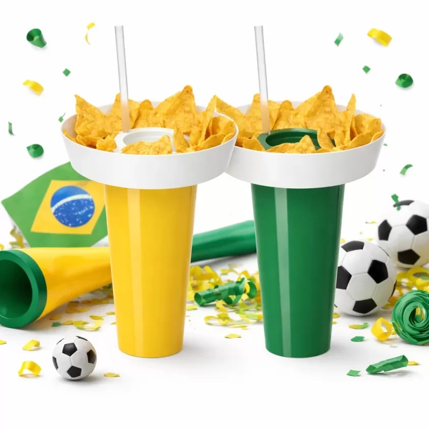 Copo Plástico com Tampa e Petisqueira 1 Litro Personalizado para Copa do Mundo