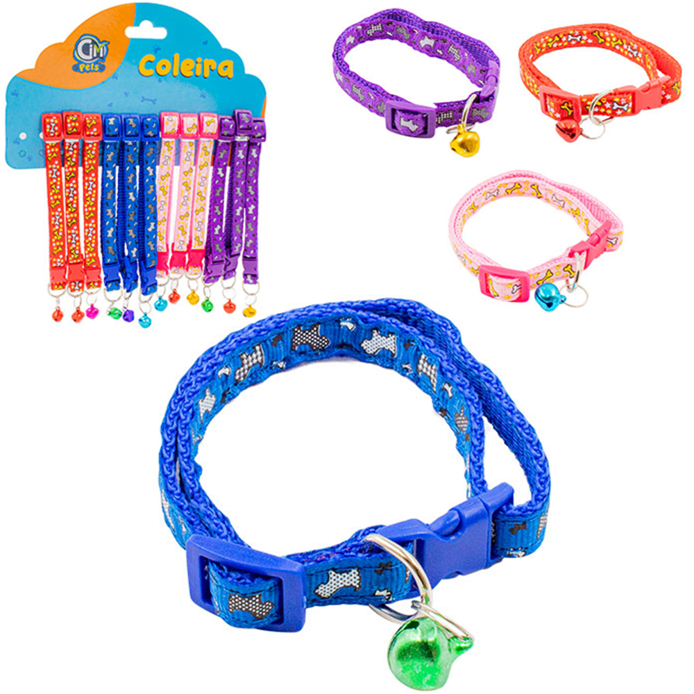 COLEIRA DE POLIESTER PARA CACHORRO COM FECHO E GUIZO ESTAMPAS SORTIDAS 12 PECAS 29X1CM